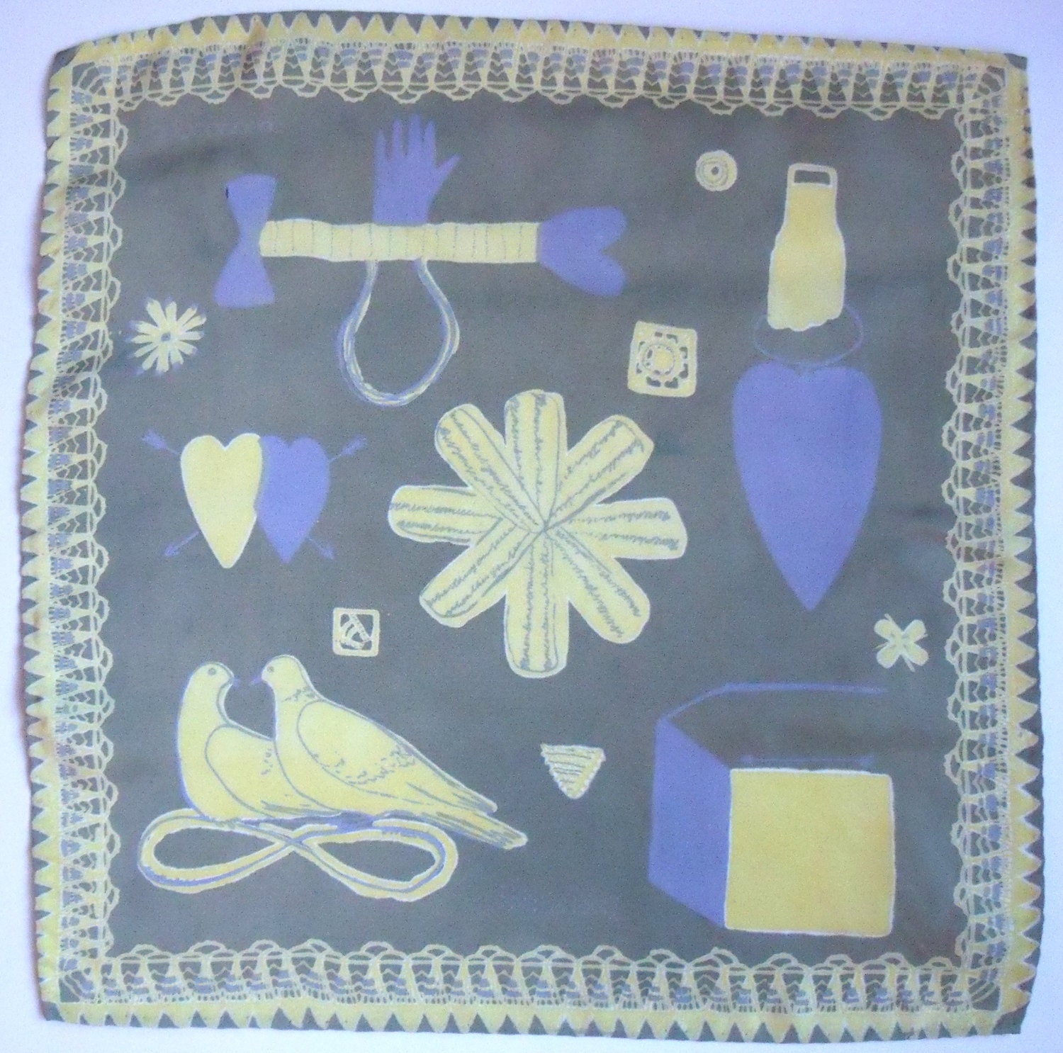 Hand Screen Printed Silk Love Token Handkerchief Green/Blue/Yellow