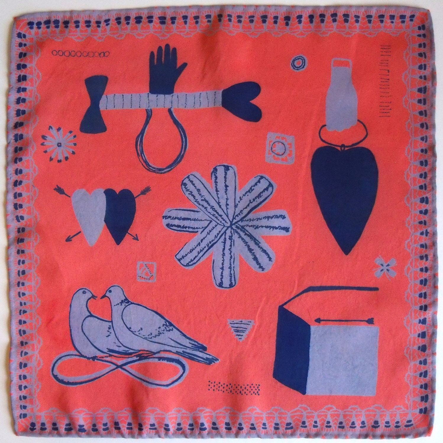 Hand Screen Printed Silk Love Token Handkerchief Pinky Red/Grey/Navy