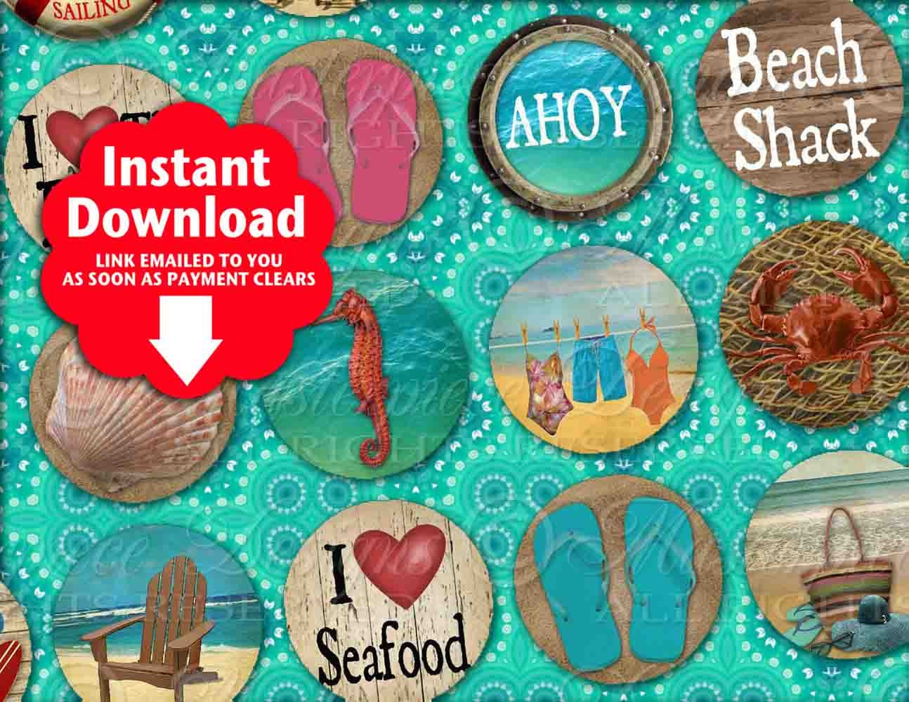 Retro Beach / Ocean / Vintage - INSTANT DOWNLOAD One Inch Round Designs / Bottlecap / Digital JPG Collage Sheet
