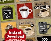 Fresh Brewed / Coffee / Espresso / Latte / Cafe - INSTANT DOWNLOAD 1x1 Inch Square Tiles Digital JPG Collage Sheet