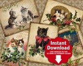 Christmas Kitties / Vintage / Cats / Kittens - ATC, ACEO, Hang Tags, Instant Download and Print Digital Sheet
