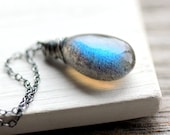 Labradorite Necklace on Oxidized and Polished Sterling Silver Chain - Oracle - Blue Flash Labradorite Spring Fashion