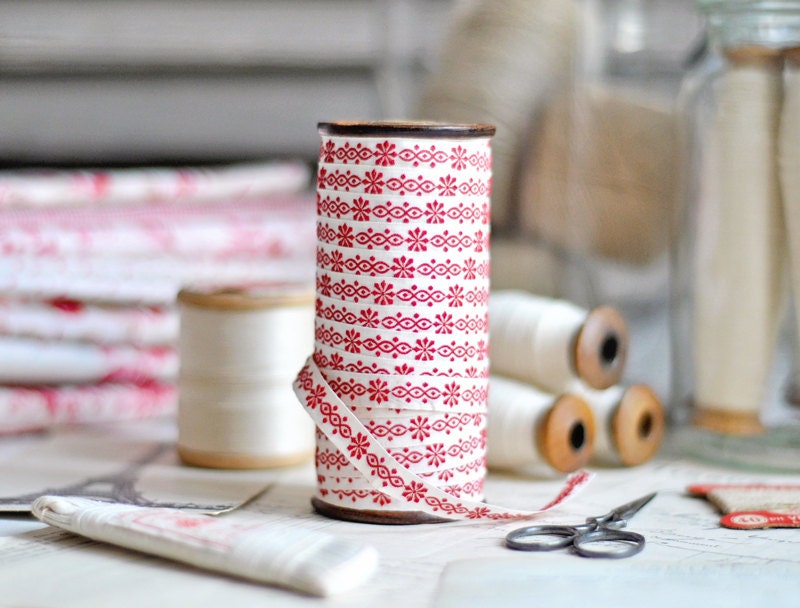 antique french ribbon - red and white