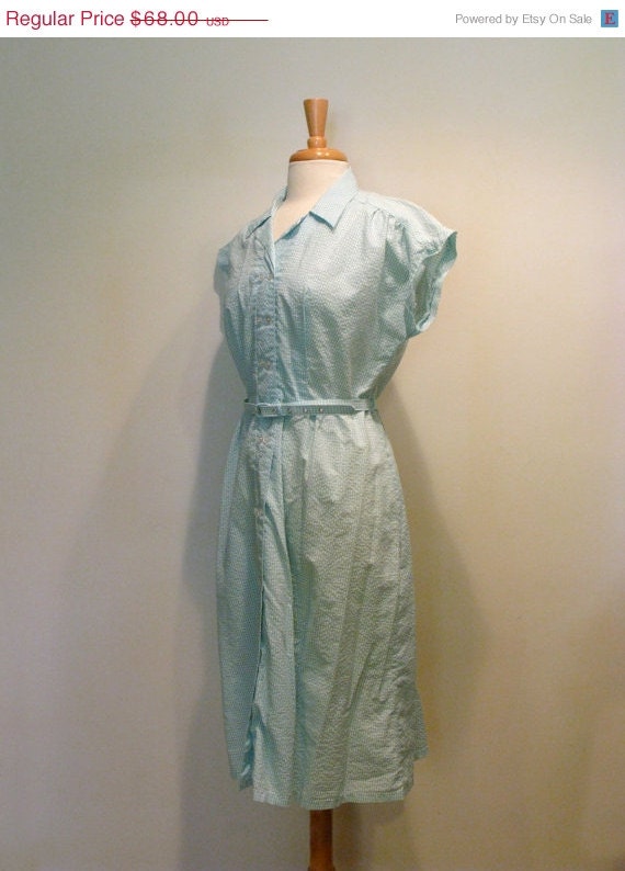 ON SALE Vintage Blue Gingham Double Breasted Shirtwaist Dress