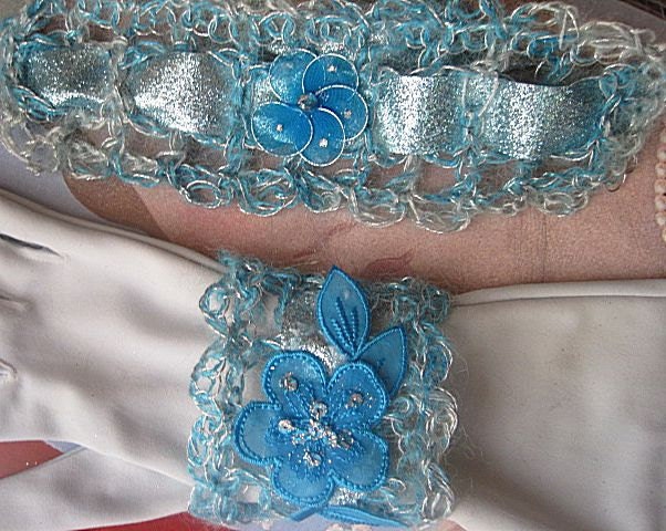 Baby Blue Choker and Bracelet Set Crochet with Mohair and Silver Yarn, Sparkling Ribbon, Center Jewel, Handmade on Etsy