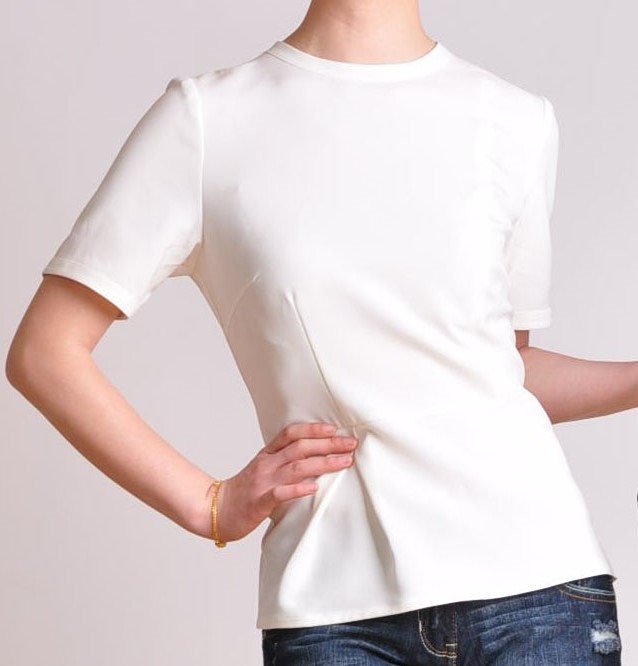 White Heavy Weight Pure Silk Short Sleeves Small Peplum Blouse