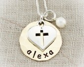 ON SALE First Communion Hand Stamped Personalized Sterling Silver and Brass or Copper Necklace with Cross Charm