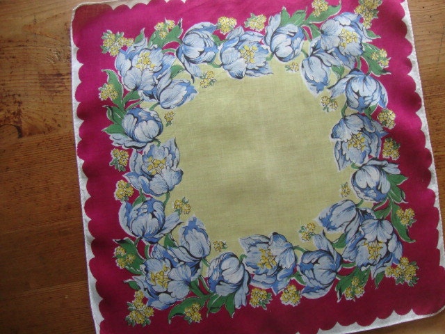 Lovely and Sweet Vintage Hankie - Fuschia and Chartreuse -Blue Parrot Tulips