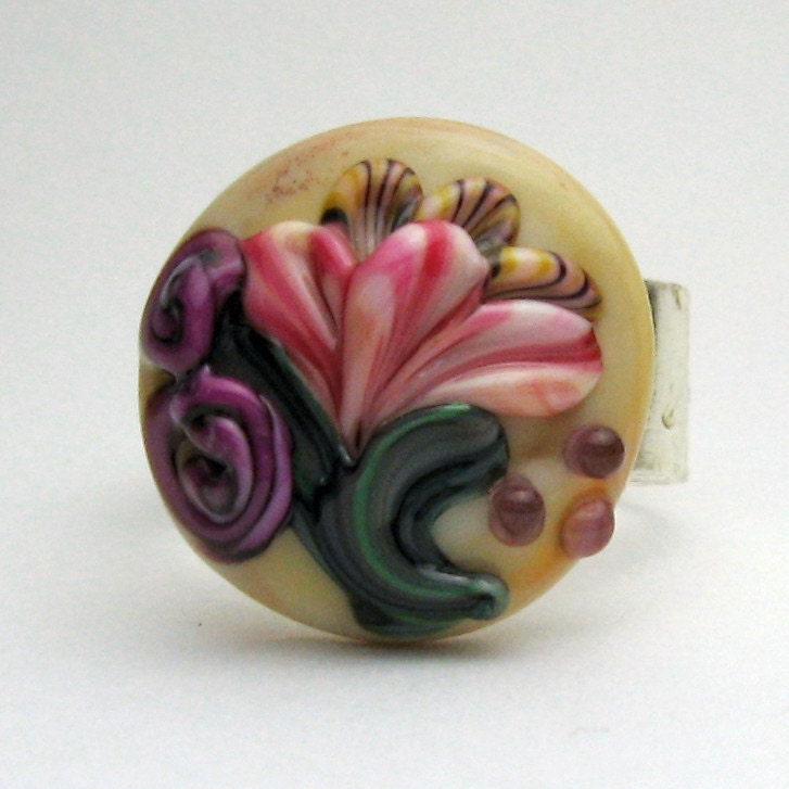 Lampwork Glass Ring - Adjustable Silver with Pink and Purple Flower Cabochon