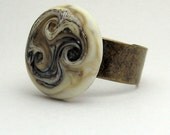 Lampwork Glass Ring - Adjustable Antique Brass with Swirly Beige Ivory Etched Matte Cabochon