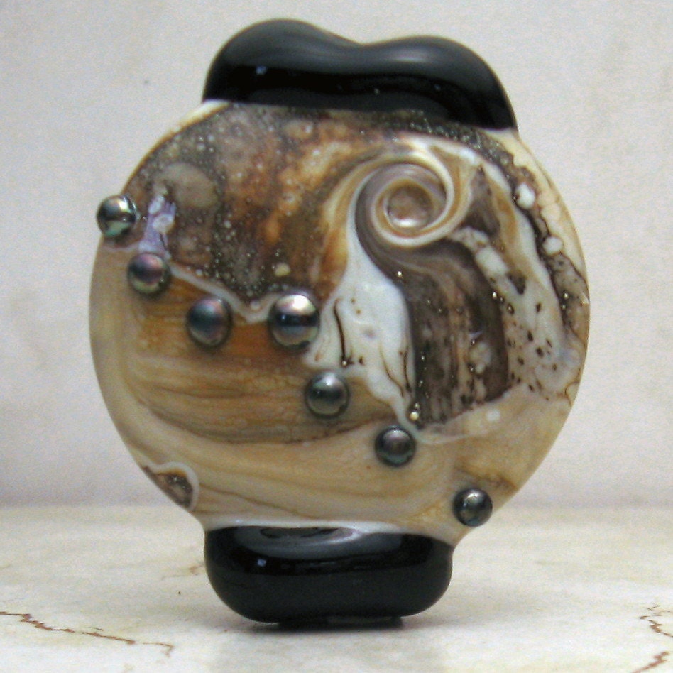 Handmade Lampwork Glass Bead, Organic Lentil Focal Ivory Black 'Elvis'