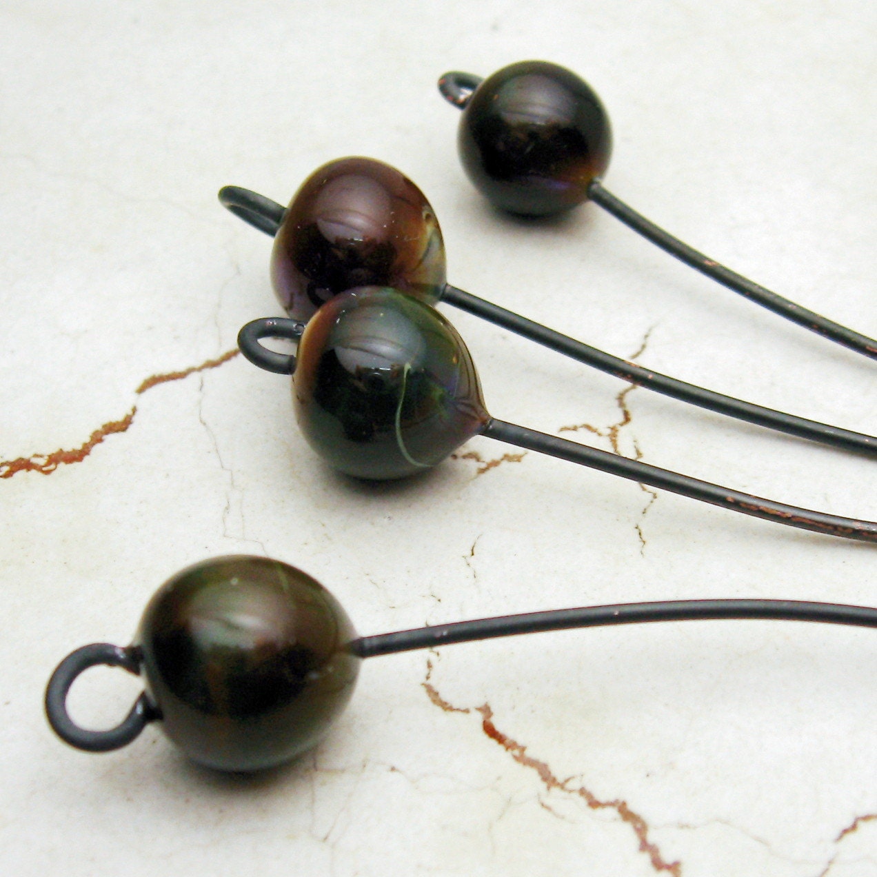 Handmade Lampwork Glass Bead Eye Pins Headpins with Loop on 18Ga Antique Copper Wire