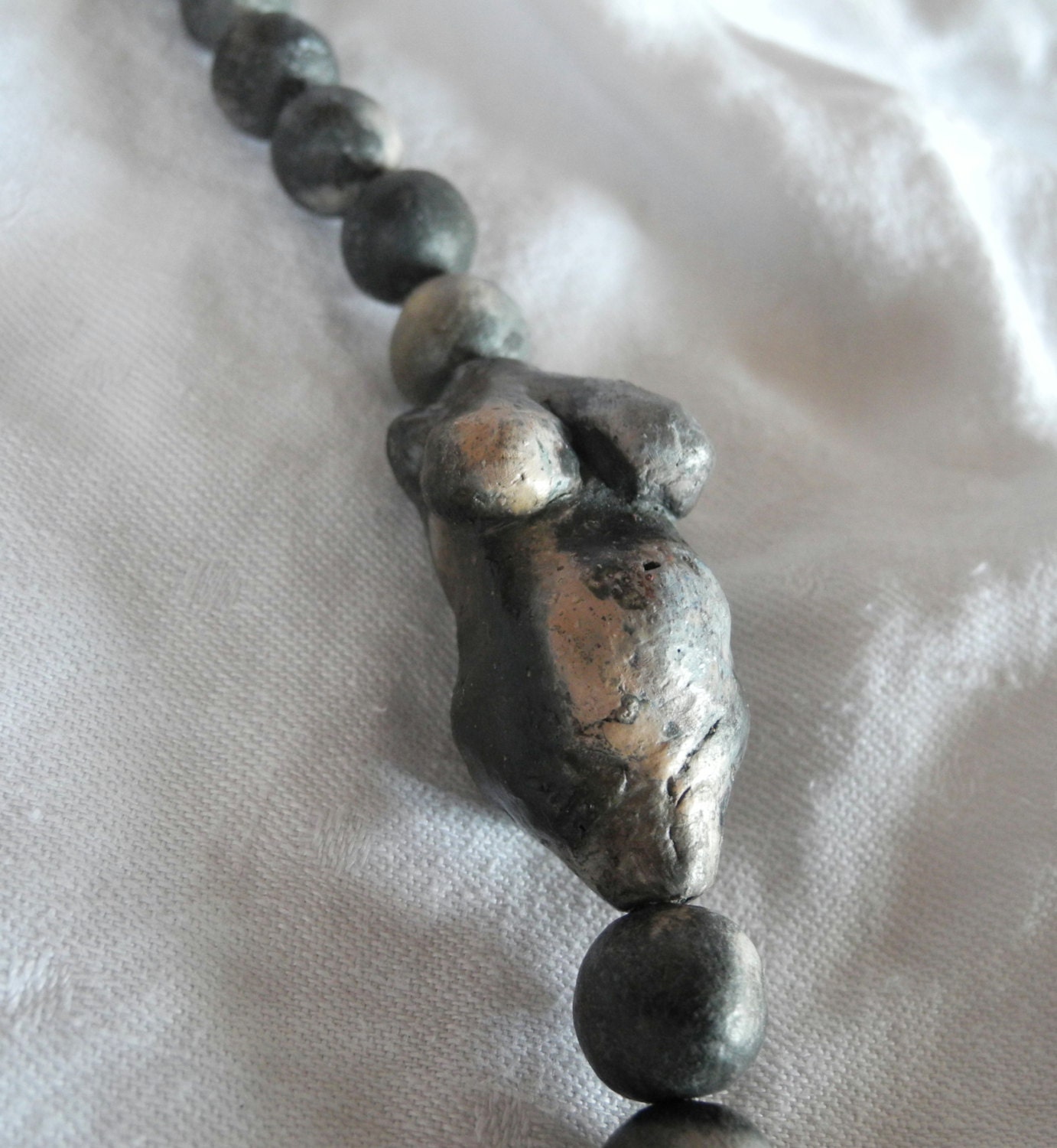 Earth mother - Venus on a beaded necklace ethnic tribal with pit fired and ceramic beads in grey blue
