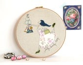 Embroidery Textile Artwork - 'Jolly lovely lady' Whimsical Art in blue, pink & green - large 10" hoop
