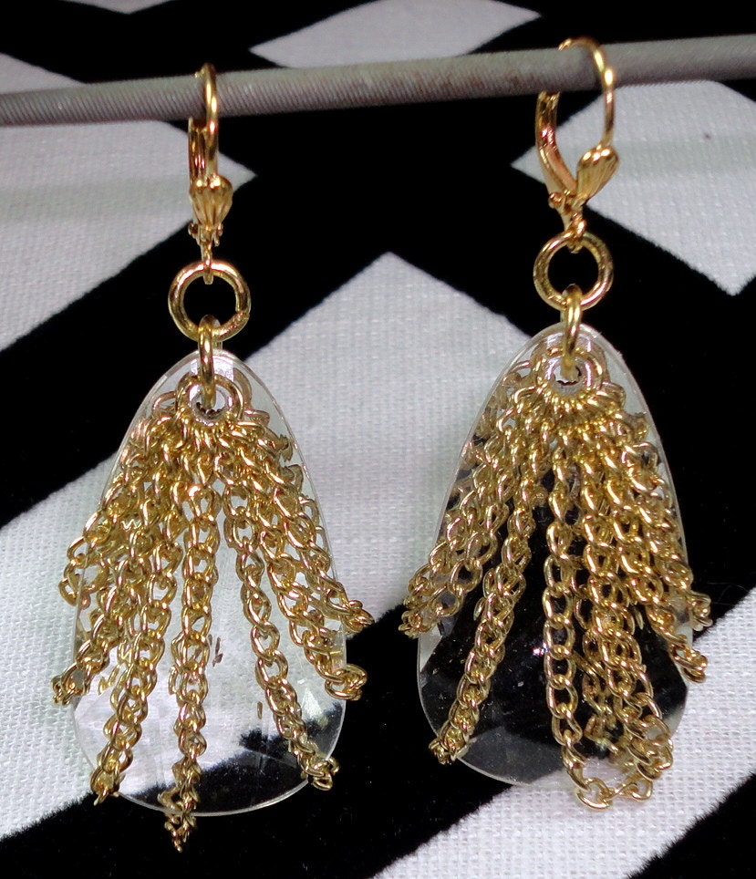 Gold Chain and Acrylic Faceted Teardrop Pierced Earrings