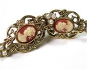 Vintage Earrings, Victorian Style Earrings, Pearl, Cameo, 1980s, Romantic Jewelry, Gifts for Women, Retro Jewelry, Antiqued Gold