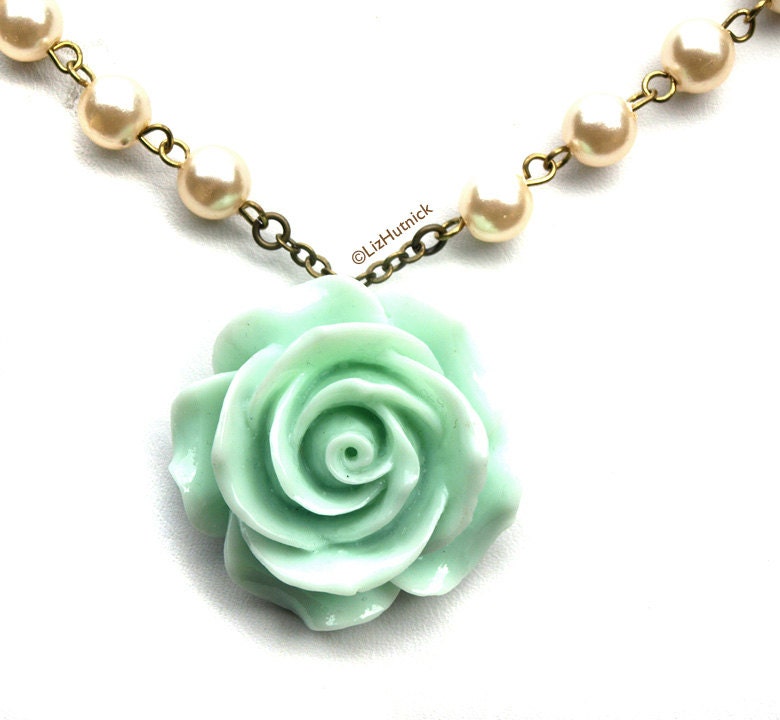 Big Mint Rose Necklace. Statement Jewelry. Resin Flower Pendant