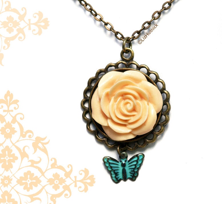 Summer Rose and Butterfly Necklace. Pendant Necklace. Bohemian Style Jewelry.