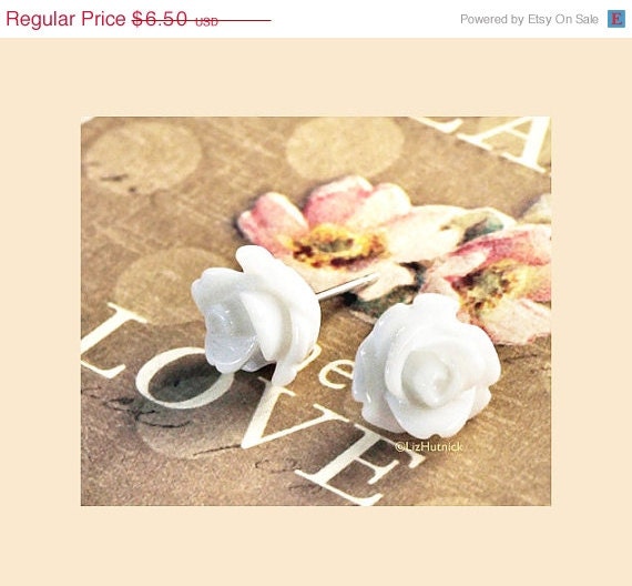 Holiday SALE Mini White Rose Earrings. Flower Stud Earrings