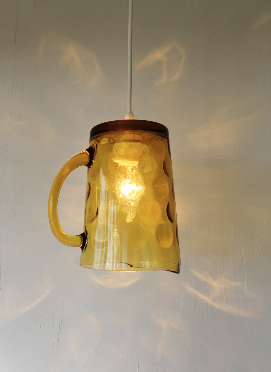 Amber Bubble - Upcycled Hanging Pendant Lighting Fixture Featuring a Vintage Hazel Atlas El Dorado Pitcher - OOAK BootsNGus Lamp Design