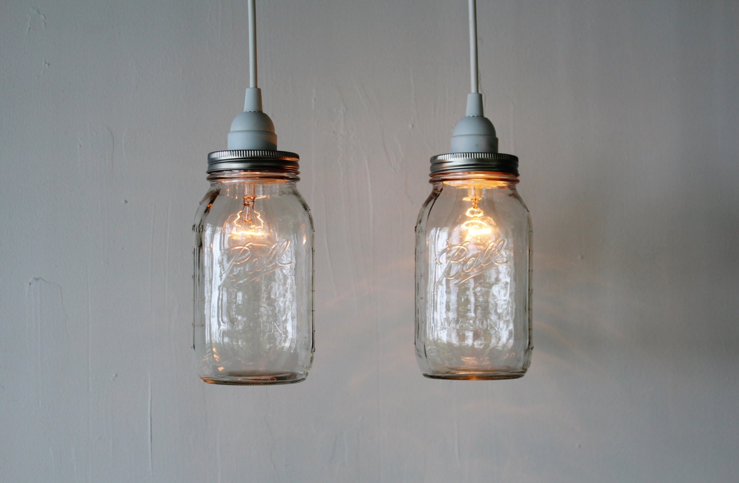 Pair of MASON JAR Hanging PENDANT Lights - Upcycled Rustic Mason Jar Lamps featuring 2 clear Quart Ball Mason Jars - BootsNGus Lighting