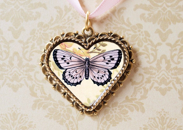 Lavender Butterfly Valentine Heart Pendant - Filigree Gold Heart Charm - Resin Jewelry