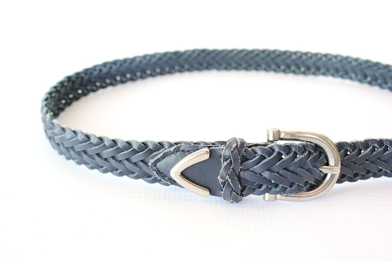 Vintage Navy Blue Braided Leather Belt  with Silver Buckle