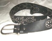 ON SALE Awesome  Black Leather Silver Studded Wide Belt with Wide Brass  Buckle Very Punk  Unisex One Size Fits Most