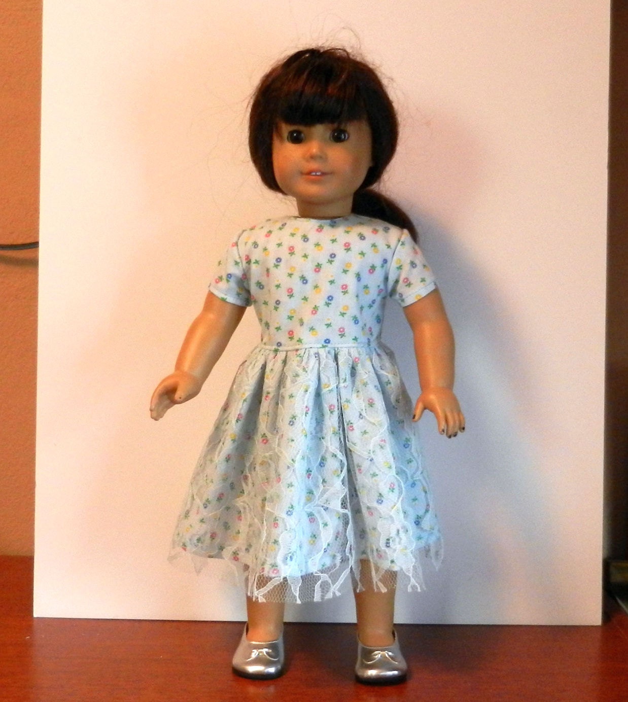 Light Blue Calico Dress with Lace Skirt Overlay  - 18 Inch Doll Clothes fits American Girl Dolls
