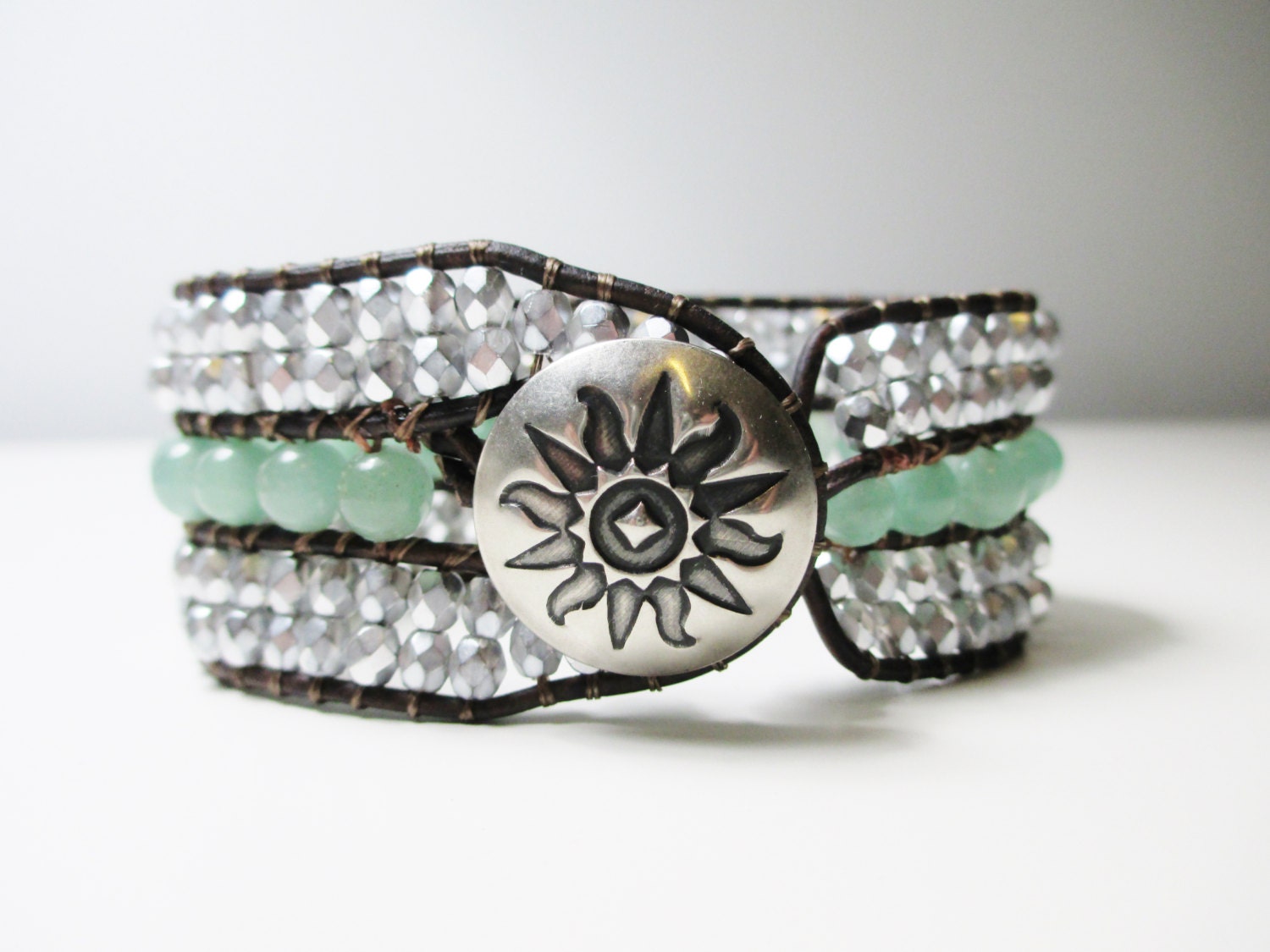 NEW Gemstone Beaded Leather Cuff Bracelet - Amazonite and Czech Silver - Ready To Ship
