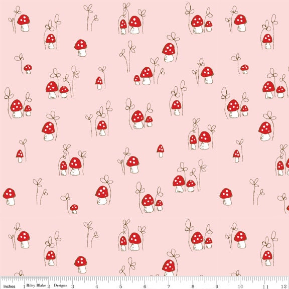 Little Red Riding Hood by Tasha Noel for Riley Blake, Mushrooms in Pink, 1/2 Yard