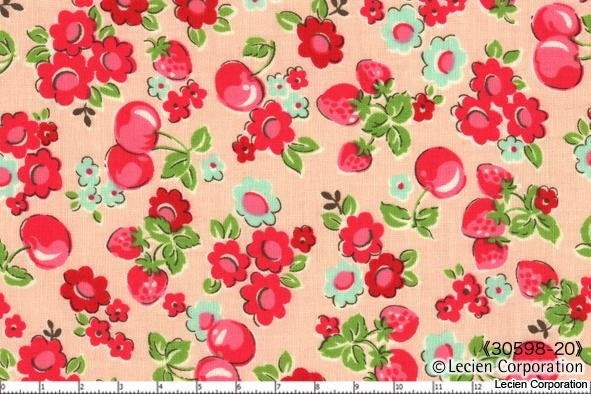 OLD NEW 30'S, Japanese, Lecien, Floral Cherries & Strawberries in Pink, 1/2 Yard