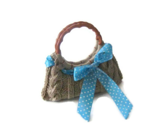 Knitted Handbag, Clutch, Taupe, with Blue polka dots ribbon, Knit women Handbag, Handbags