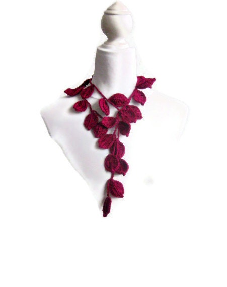 Crochet lariat,  scarf,  Infinity scarf,  with Leaves in Burgundy, Necklace,  Feminine, Trendy, Spring, Summer, Harvest,