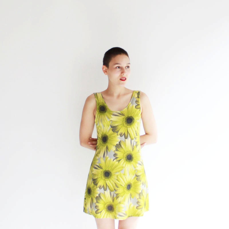 90s flower dress - yellow - tank dress - stretch - vintage