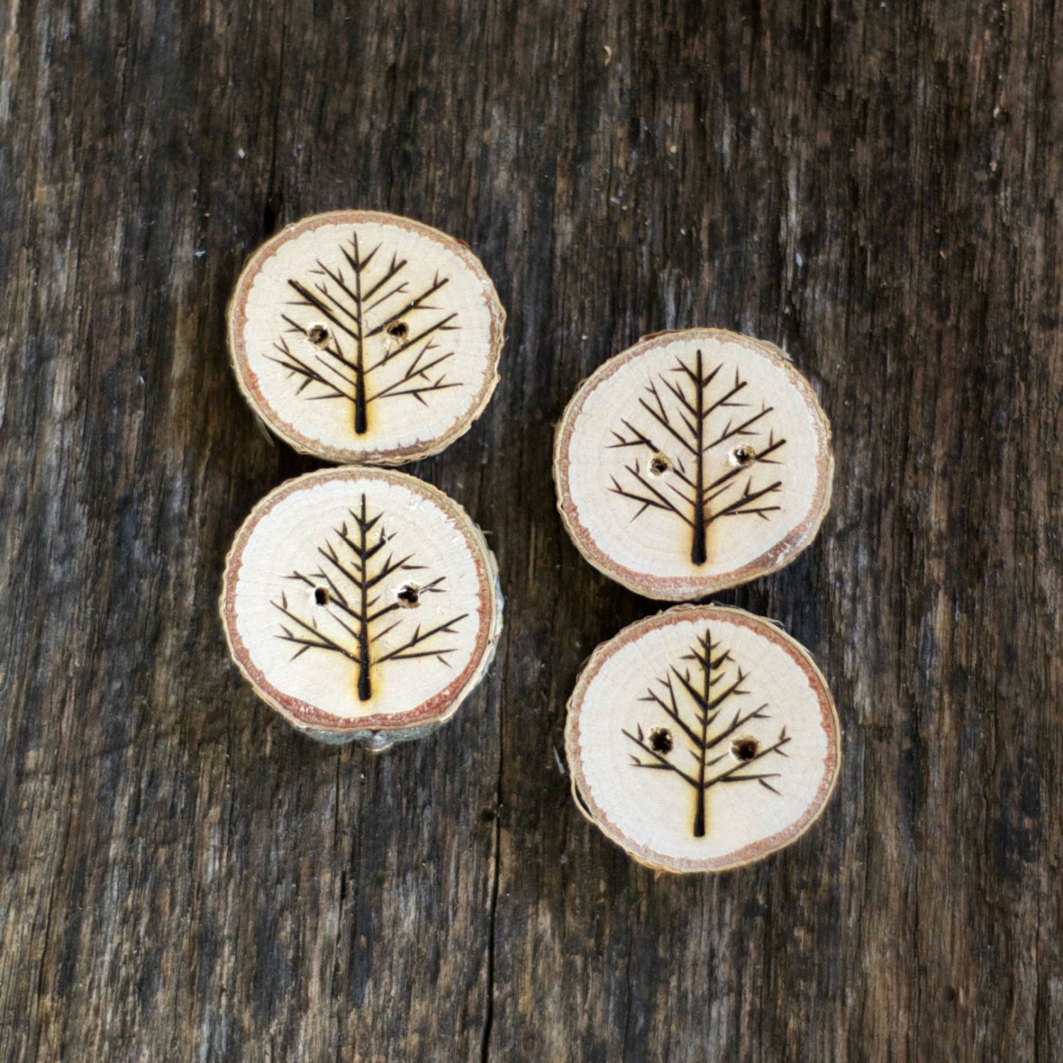 Wooden Button - Set of 4 Wood Burned Tree Branch Buttons - 1 1/8" diameter - For Knitting, Crochet, Journals, Sewing and Crafting