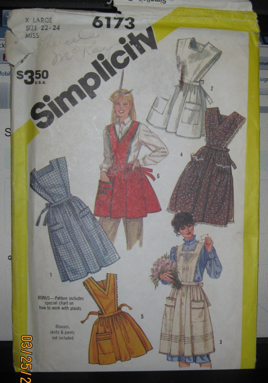 Simplicity 6173 vintage Apron pattern  5 styles sz 22 24