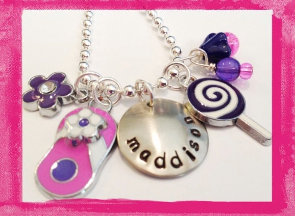 Personalized Necklace - SPRING FLING - Hand Stamped Charm Necklace for Girls - Flip Flops Flowers and Lollipops