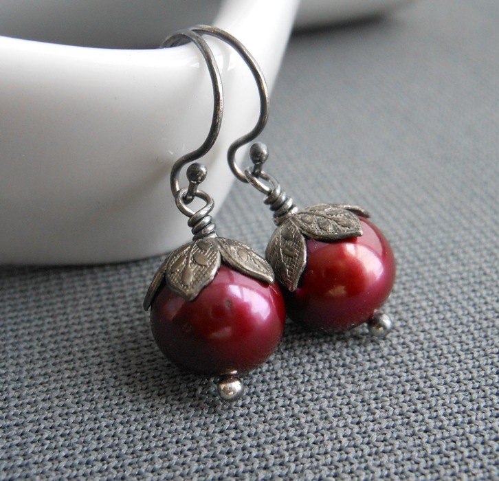 SALE Red Freshwater Pearl Earrings, Cranberry Red Freshwater Pearls and Pewter Bead Caps.  Cranberry.