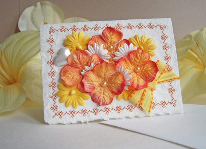 Note Card of Orange and Yellow Floral and Pearls