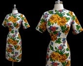 Vintage 1950s 50s 60s Floral Roses Cocktail Party Wiggle Dress M