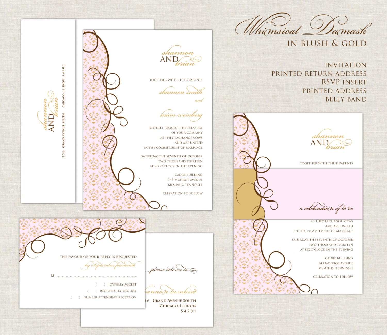 Whimsical Damask Wedding Invitation Suite in Blush and Gold Il_170x135