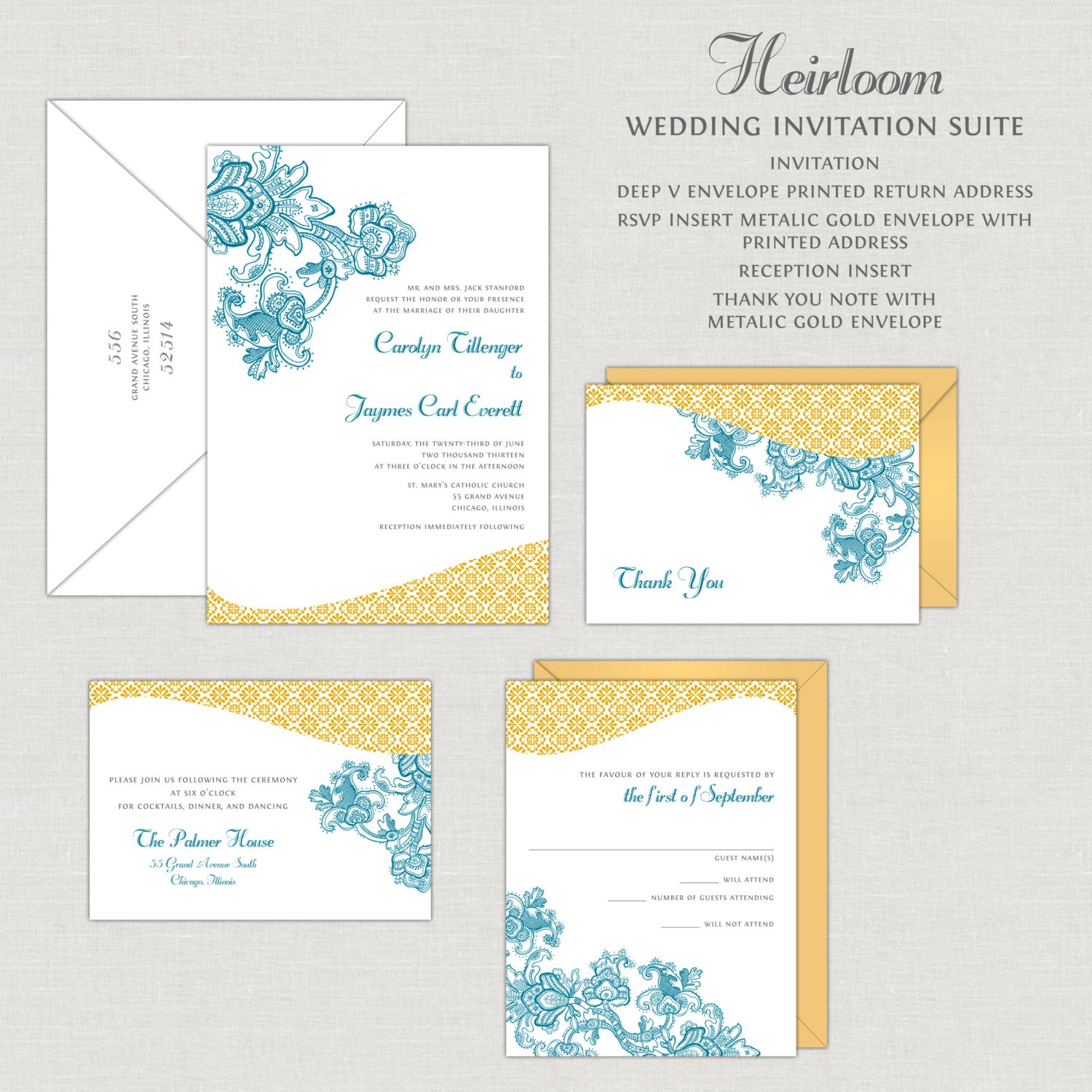 Heirloom Wedding Invitation Suite in Teal and Gold Il_170x135