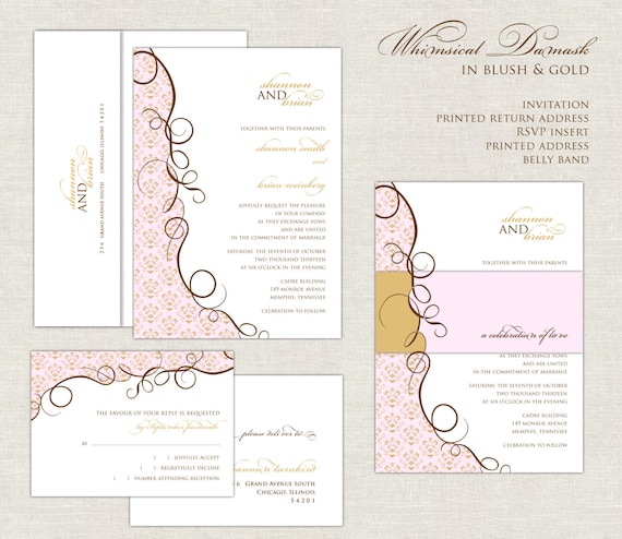 Whimsical Damask Wedding Invitation Suite in Blush and Gold Il_570xn