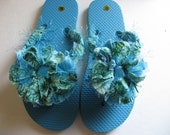 Flip Flops Decorated Blue Green Print Womens