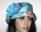 Cloche Hat Womens Blue Tropical Print with Flower