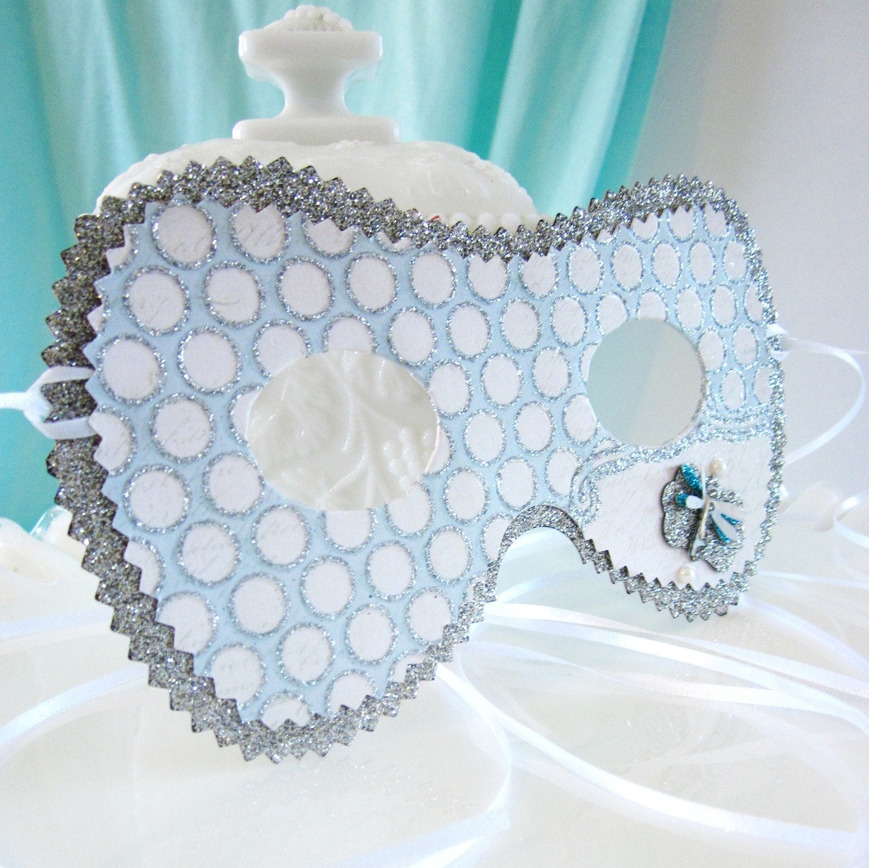 Silver and Light Blue Shabby Chic Polka Dot Masquerade Mask