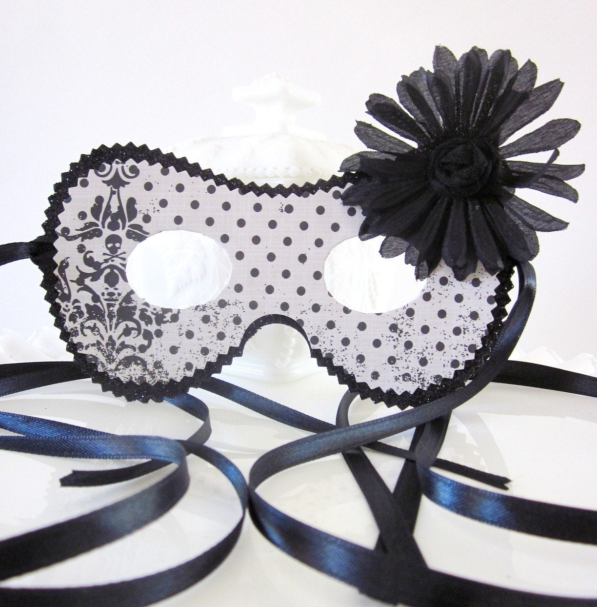 Retro Black and White Polka Dot Mask with Skull and Crossbones and a Large Flower Accent Costume