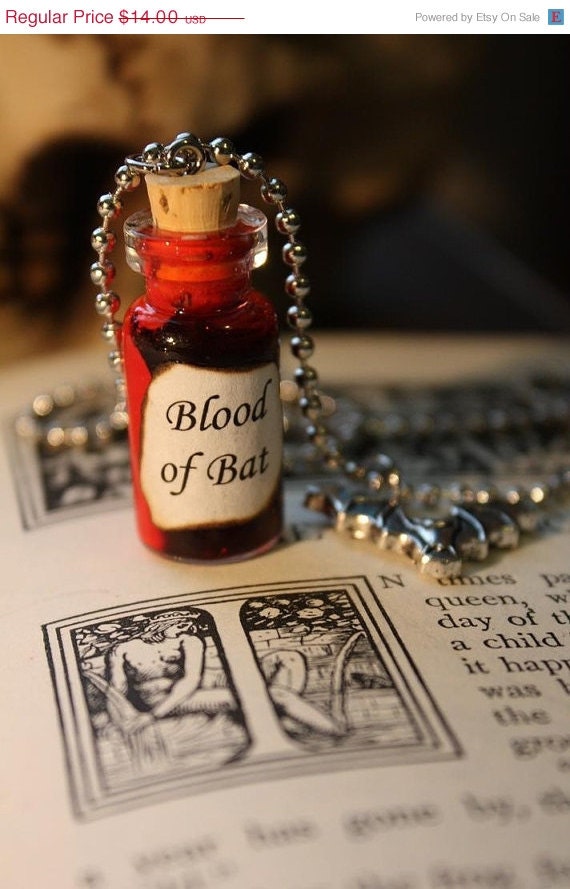 ON SALE Glass Vial Necklace - Blood of Bat - Vampire - Halloween
