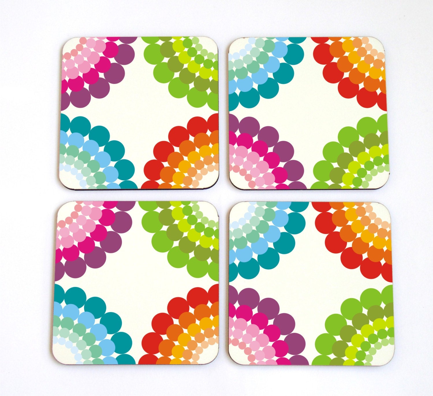 coaster set rainbow polka dots set of 4 coasters kitchen hostess housewarming gift idea under 25